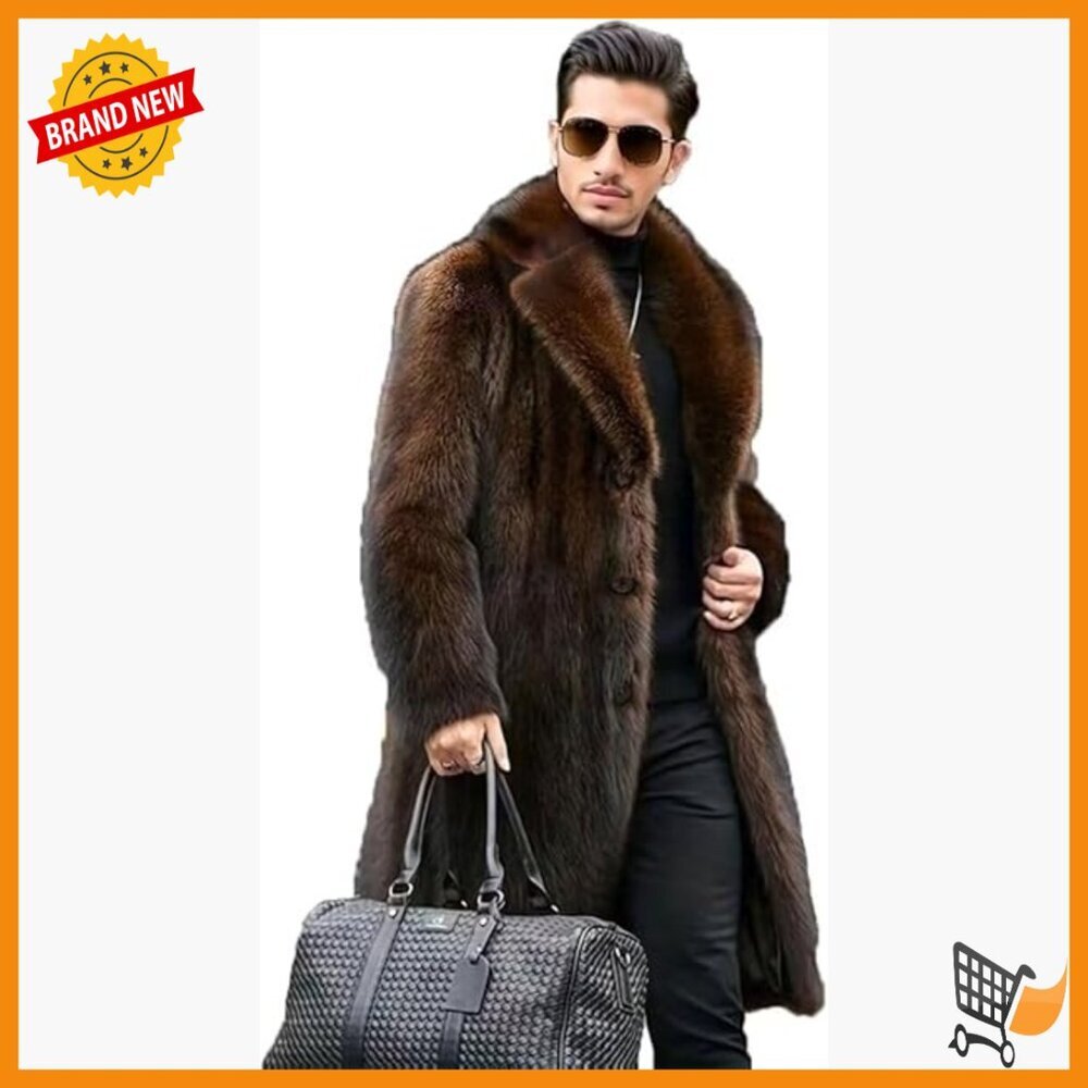 Men's Long Faux Fur Trench Coat Winter Parka Overcoat Loose Fit